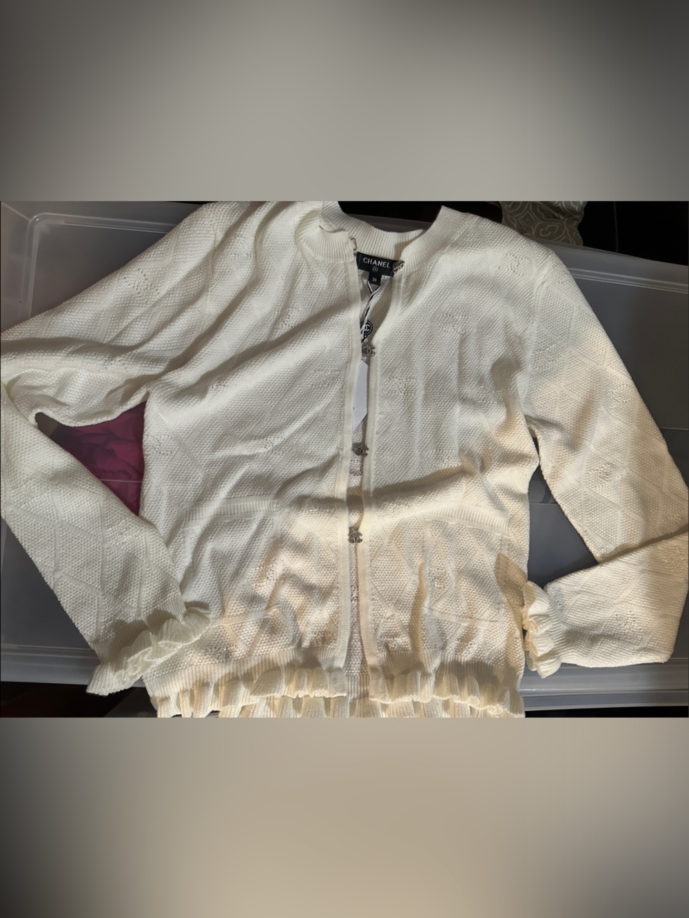 CHANEL Cream Knit Zip-Up Cardigan with Ruffle Trim